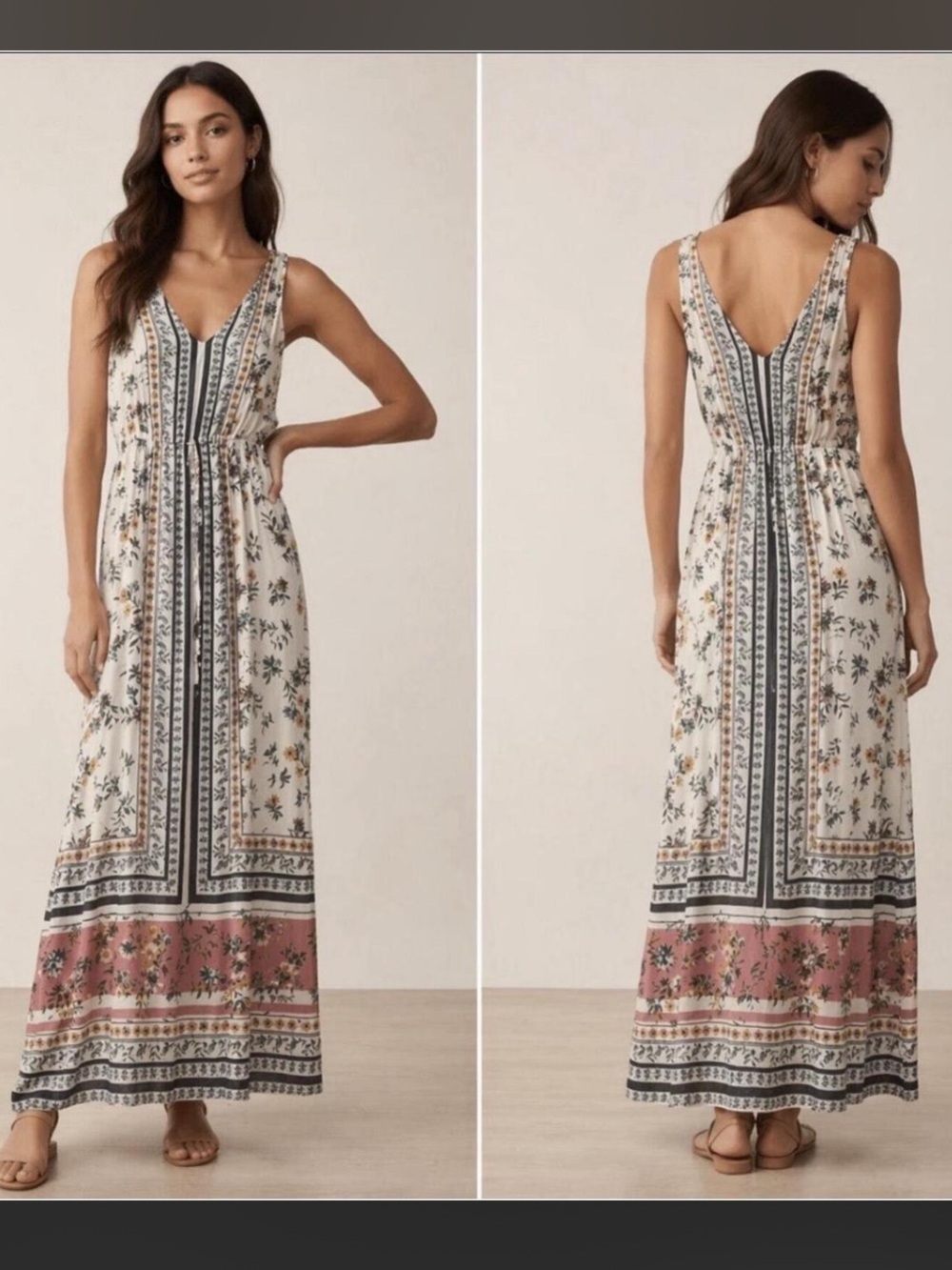 Lucky Brand White Maxi Dress blue Stripe Yellow Floral Print XL drawstring waist